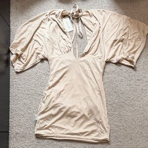 Plunging V-Neck Dolman Sleeve Dress in Soft Beige